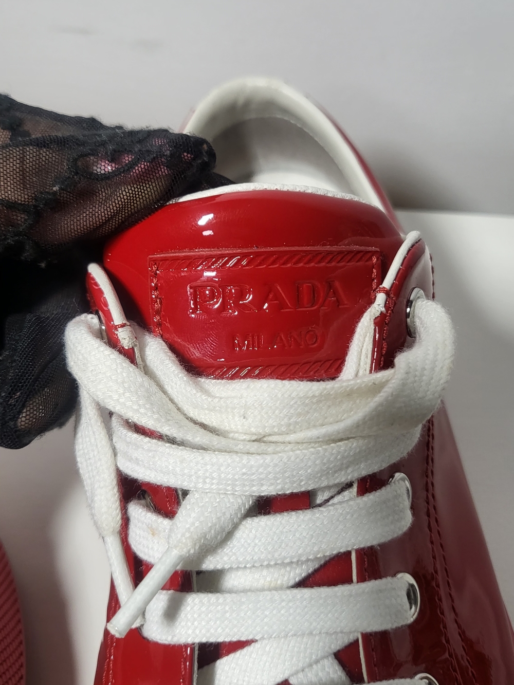 Prada Women's Red Patent Sneakers with Pink Toe Cap - Picture 4 of 10